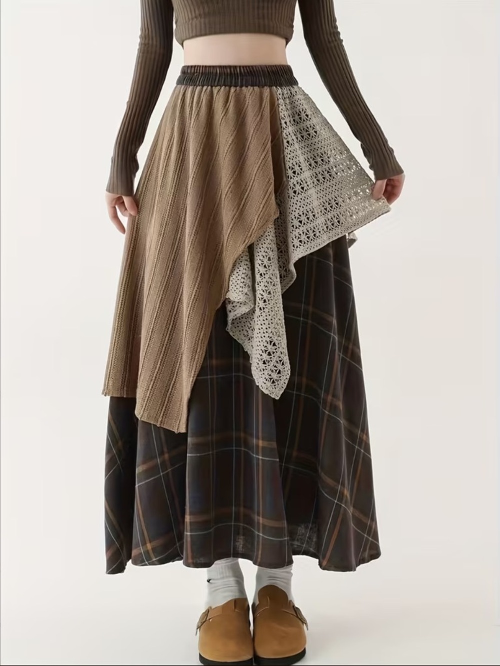 New Mixed Fabric A-Line Midi Skirt